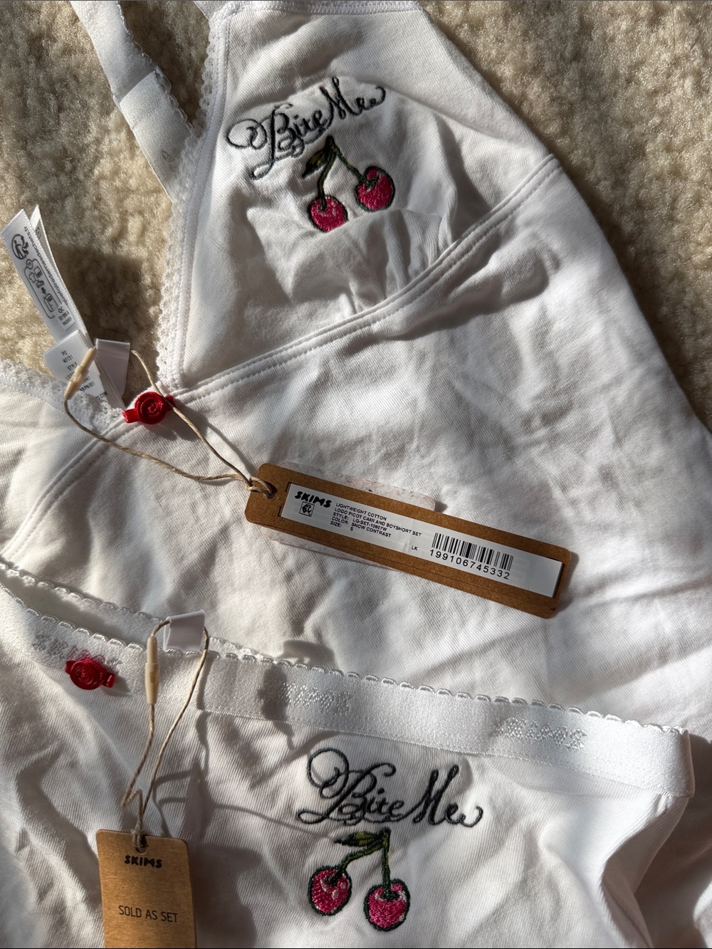 SKIMS Lightweight Cotton Logo Picot Cami & Boyshort Set – Snow Contrast – Size S - Picture 8 of 8